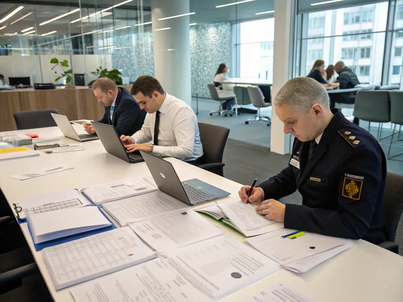Compliance officers reviewing documents in an office.