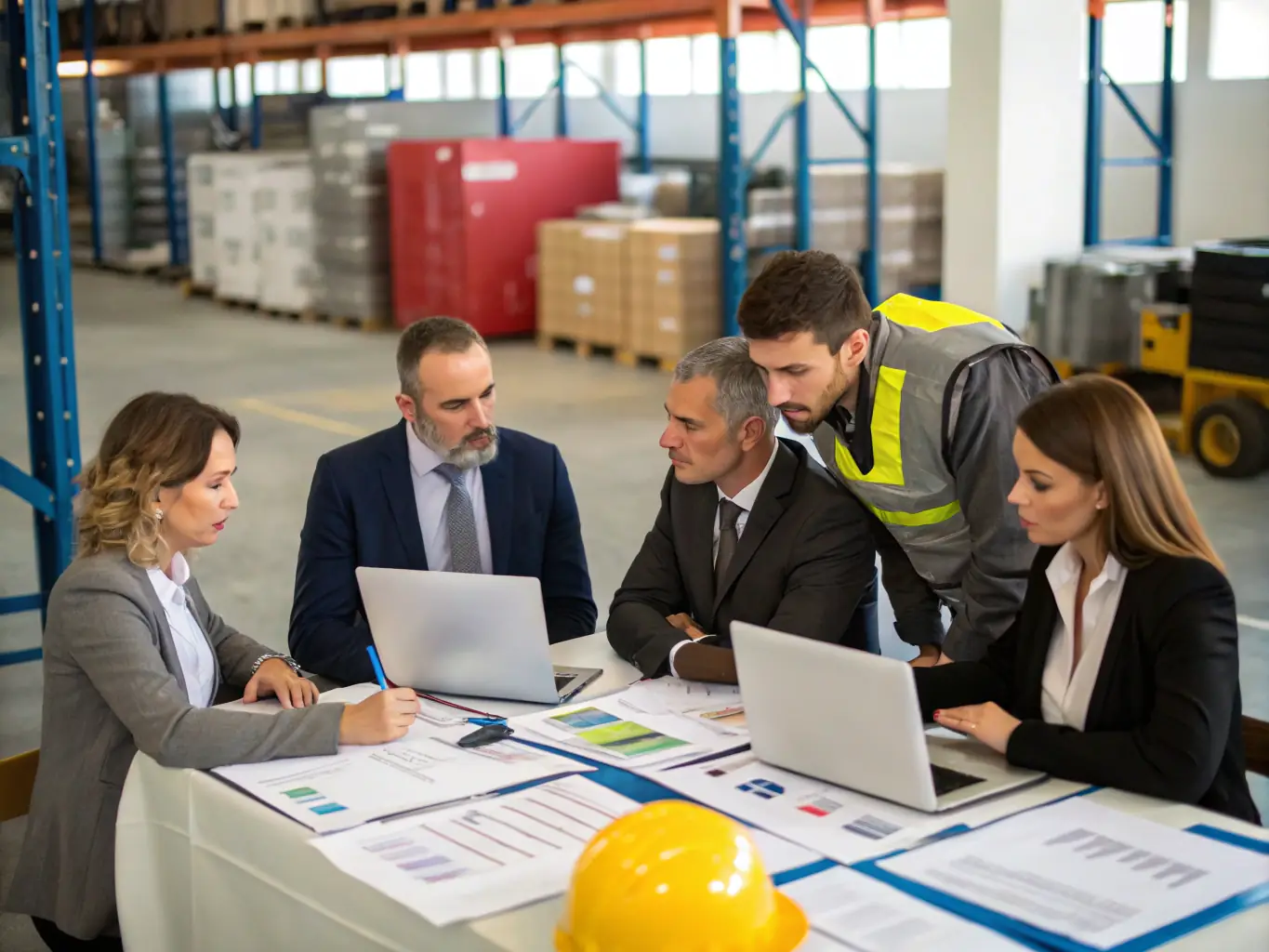 A risk management team conducting a safety audit in a logistics facility.