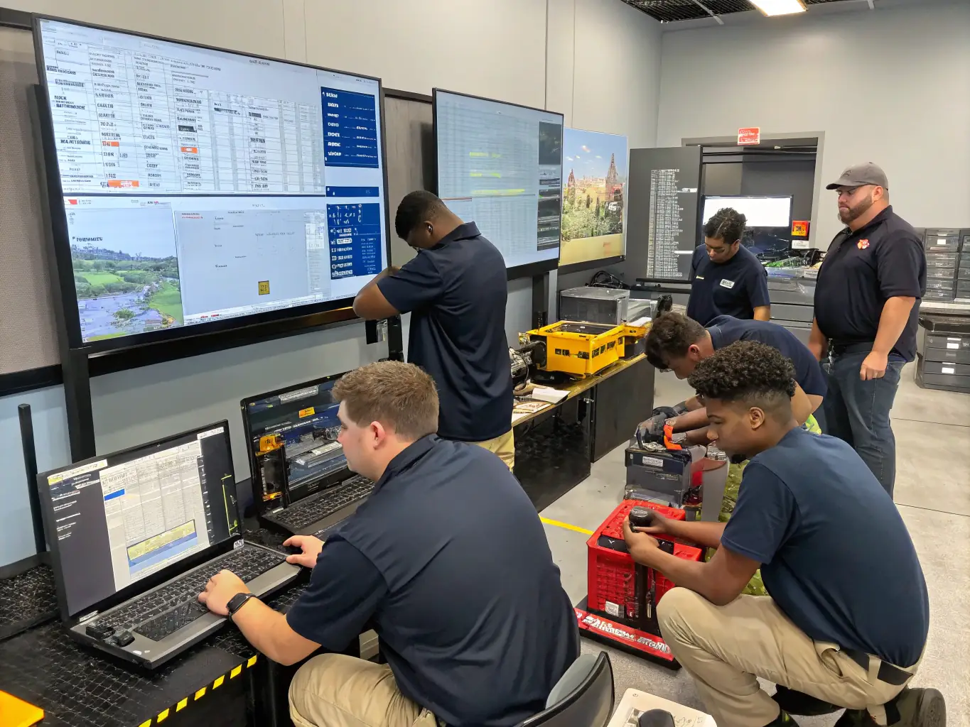 Trainees practicing operational efficiency techniques in a logistics simulation.