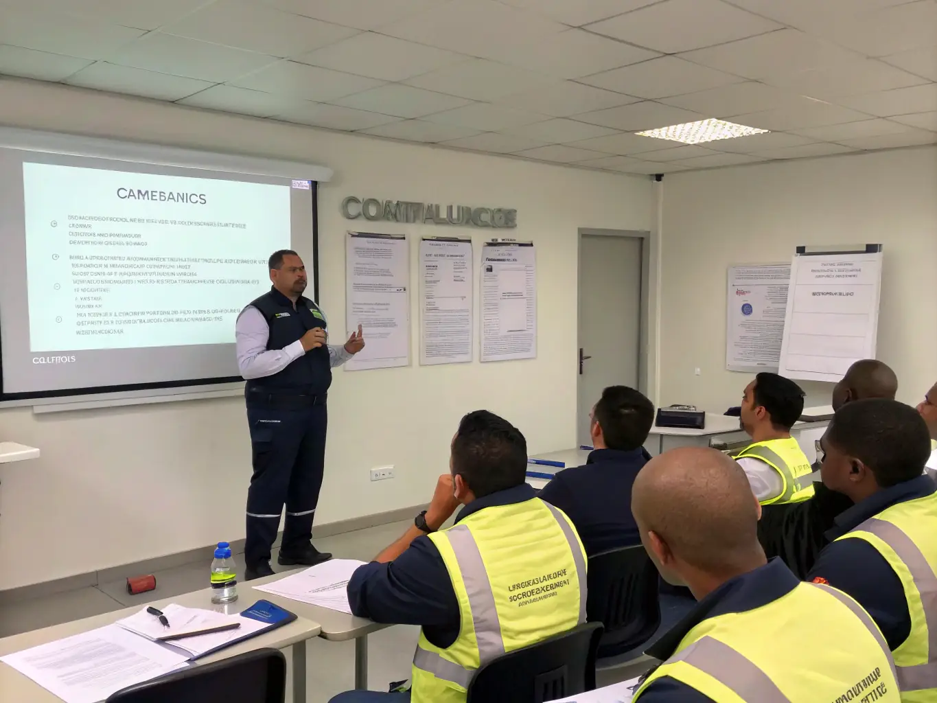 A logistics expert presenting compliance strategies to a group of trainees.