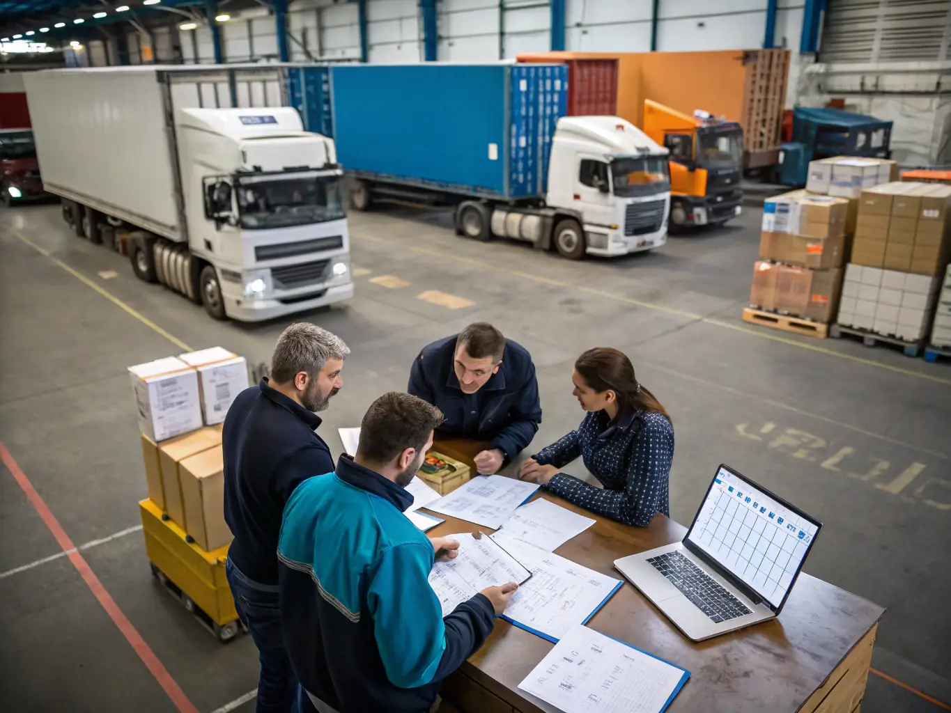 A logistics team coordinating shipments in a busy warehouse.